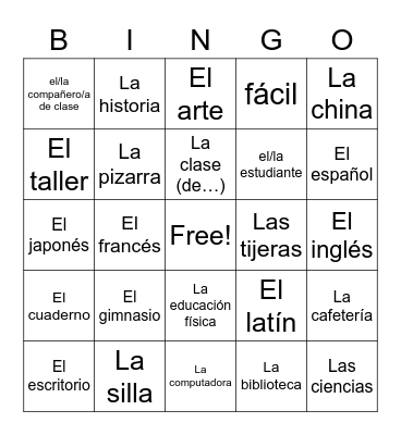 La escuela Bingo Card