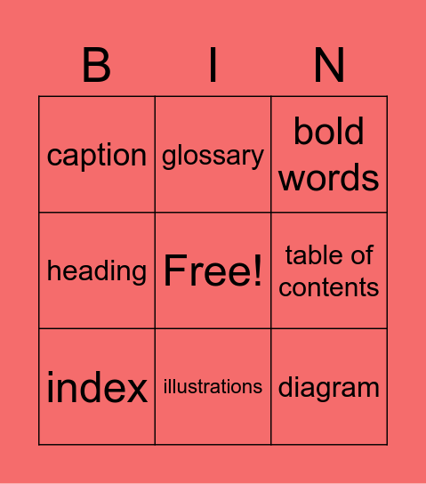 Text Feature Vocab Bingo Card