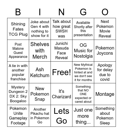 Pokemon Direct Bingo Card