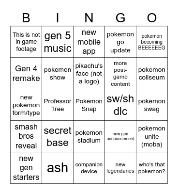 Pokemon Presents Bingo Card