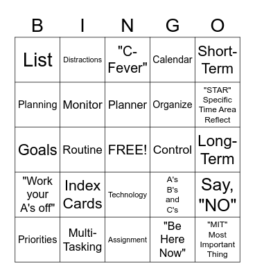 Time Management Bingo Card