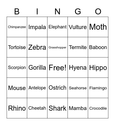 African Animals Bingo Card