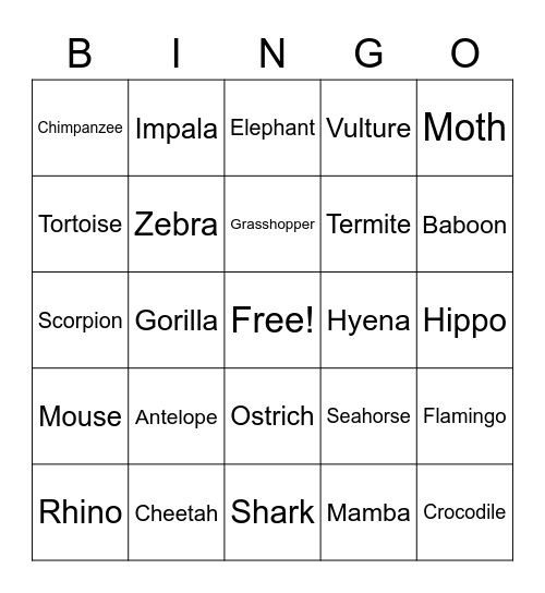 African Animals Bingo Card