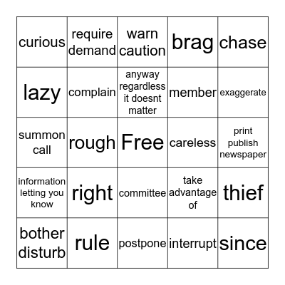 ASL II / Vocab 8 Bingo Card