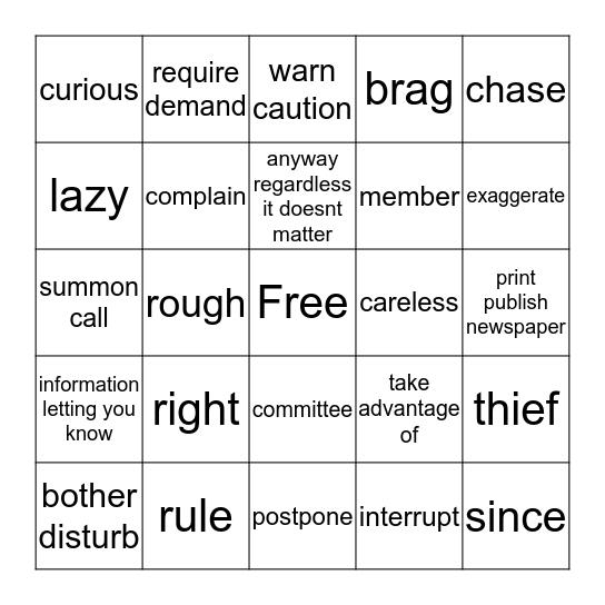 ASL II / Vocab 8 Bingo Card