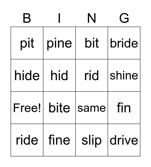 Short i/Long i Bingo Card