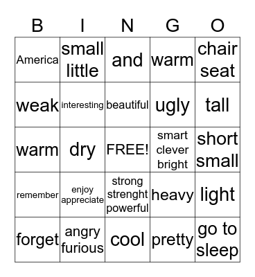 ASL 1 / Vocab 7 Bingo Card
