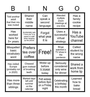 Lyons Staff Bingo Card