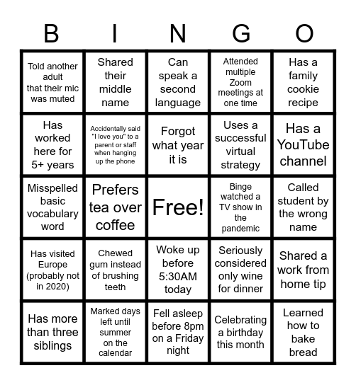 Lyons Staff Bingo Card