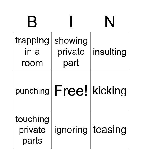 Types of Abuse Bingo Card