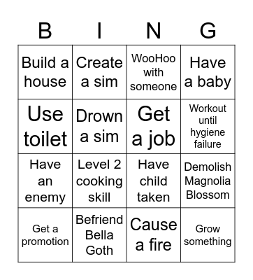 Sims 4 Base Game Bingo Card