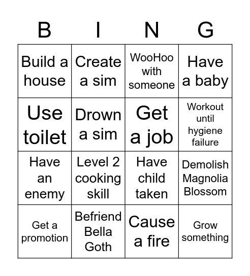 Sims 4 Base Game Bingo Card