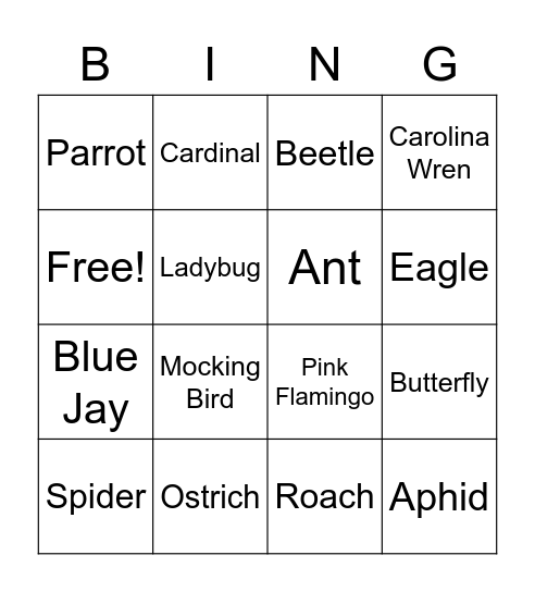 Birds and Bugs Bingo Card
