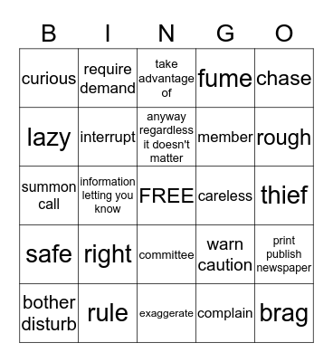 ASL II / Vocab 8 Bingo Card