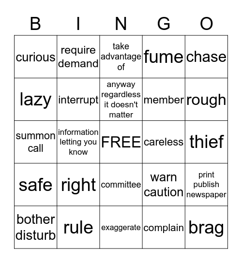 ASL II / Vocab 8 Bingo Card