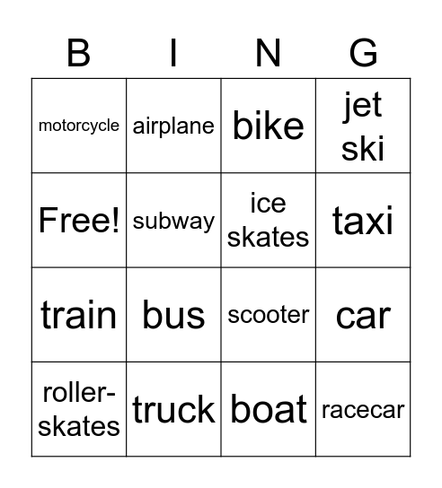 Modes of Transportation Bingo Card
