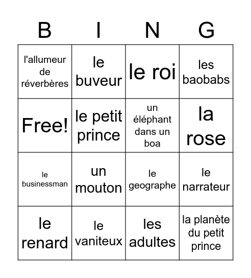 Vocabulaire Le Petit Prince Bingo Card