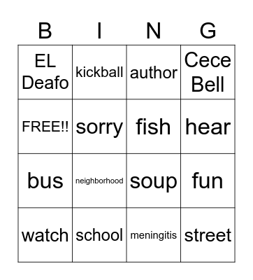 El Deafo Spelling Word Bingo Card