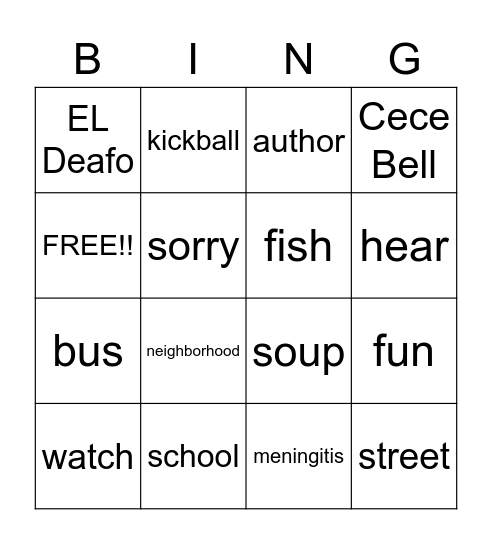 El Deafo Spelling Word Bingo Card