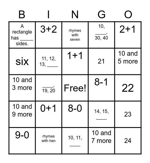 Kindergarten Math Day Bingo Card