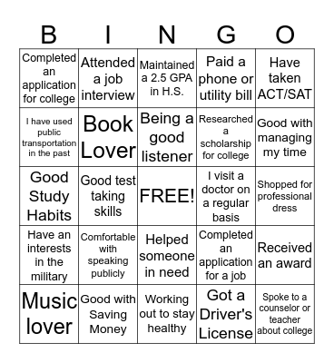 TAG Lifeskills BINGO Card
