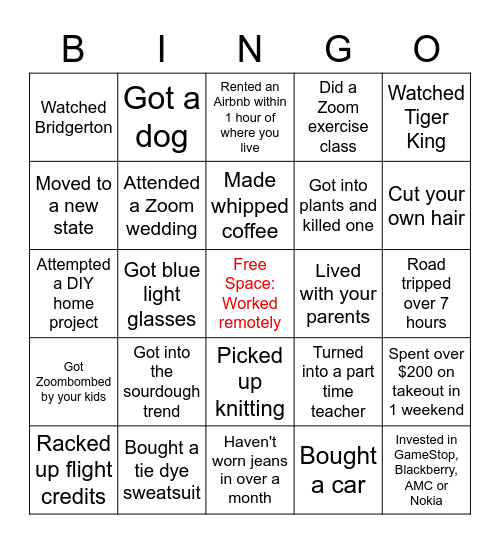 Outcast East Quarantine Bingo Card