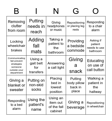 Fall Prevention Bingo Card