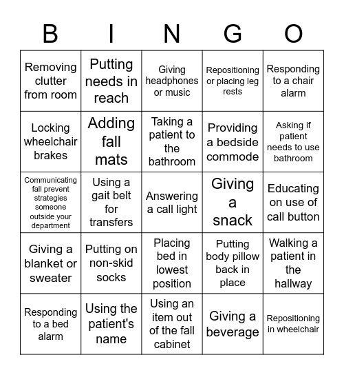 Fall Prevention Bingo Card