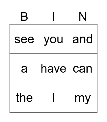 SB Sight Words Bingo Card