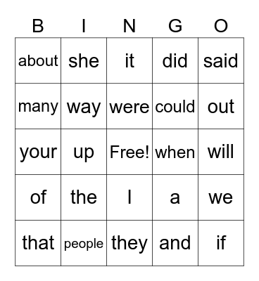 Sight Word Bingo Card