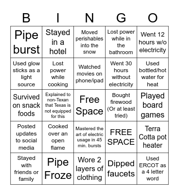 SNOWPOCALYPSE Bingo Card