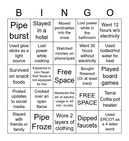 SNOWPOCALYPSE Bingo Card