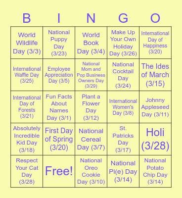 March Holiday Bingo Card