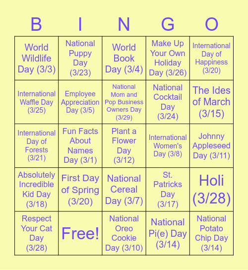 March Holiday Bingo Card