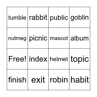 2 Syllables Bingo Card