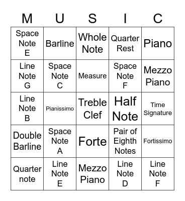 Music Symbols and Treble Clef Notes Bingo Card