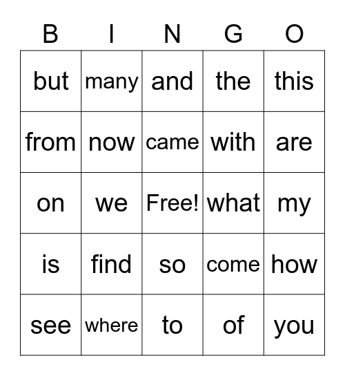 Signt Word Bingo Card