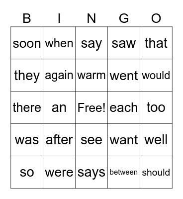 Sight Words First Grade Bingo Card