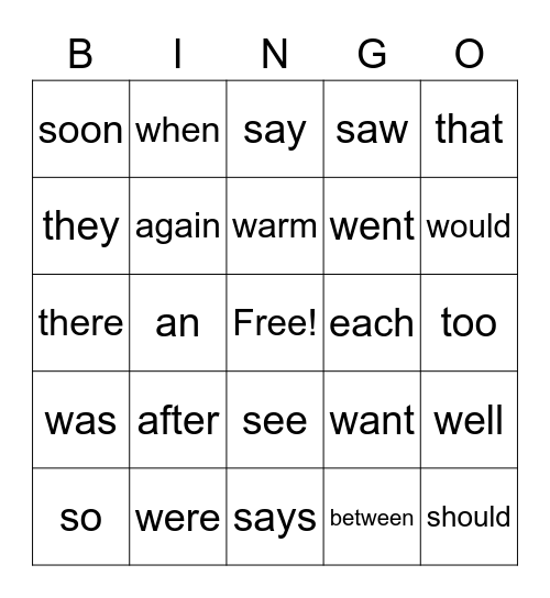Sight Words First Grade Bingo Card