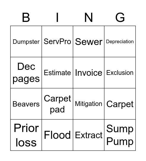 Sump Pump Failure Bingo Card