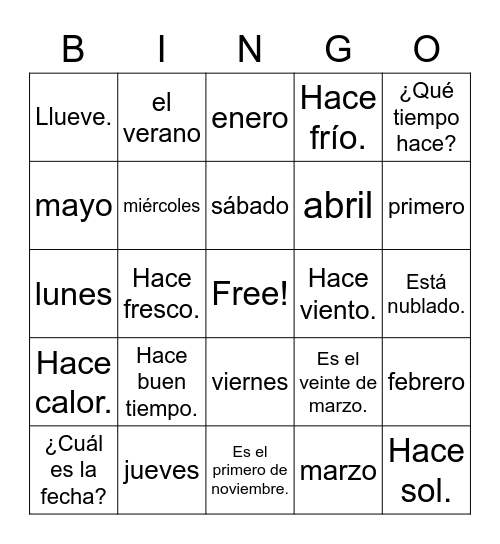 Spanish Calendar & Weather Bingo Card
