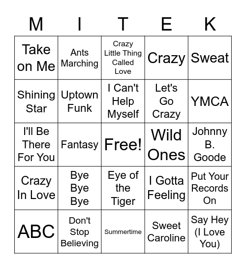Mitek Music Bingo Card