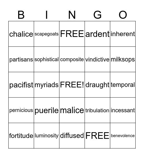 Screwtape vocabulary Bingo Card