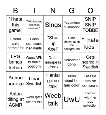 Emma's stream bingo Card