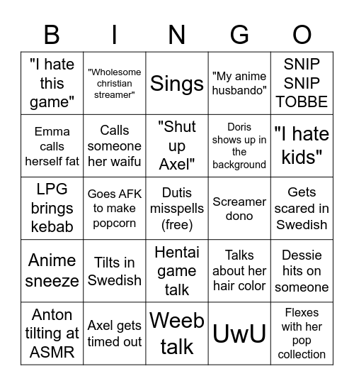 Emma's stream bingo Card