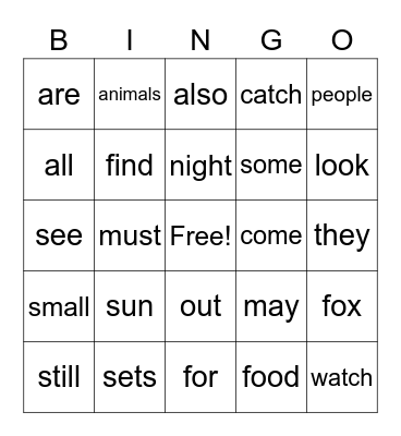 sight words Bingo Card