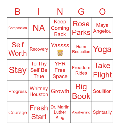 YPR Rainbow Recovery Bingo Card