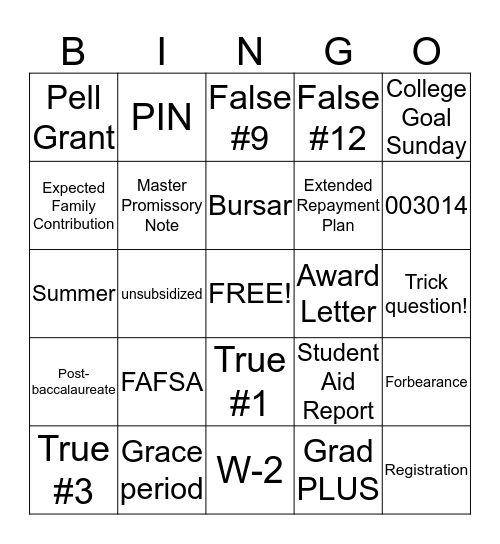 Financial Aid Bingo Card