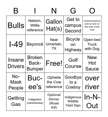 Texas Road Trip Bingo Card