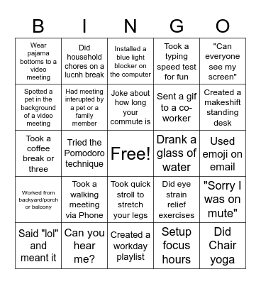 Remote Work Bingo Card